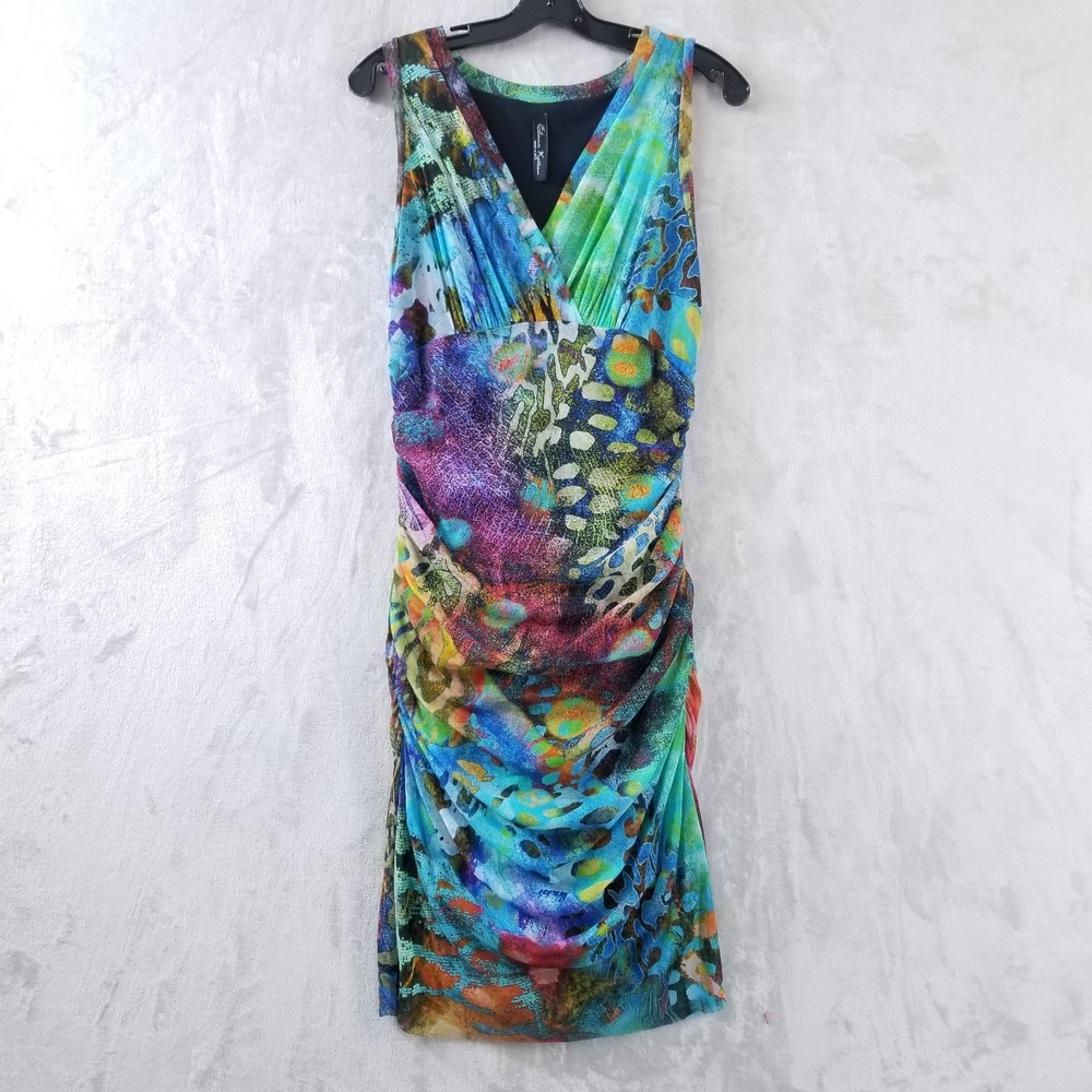 Elana Kattan Dress Women L Mesh Ruched Bodycon Sleeveless‎ Resort Fairy